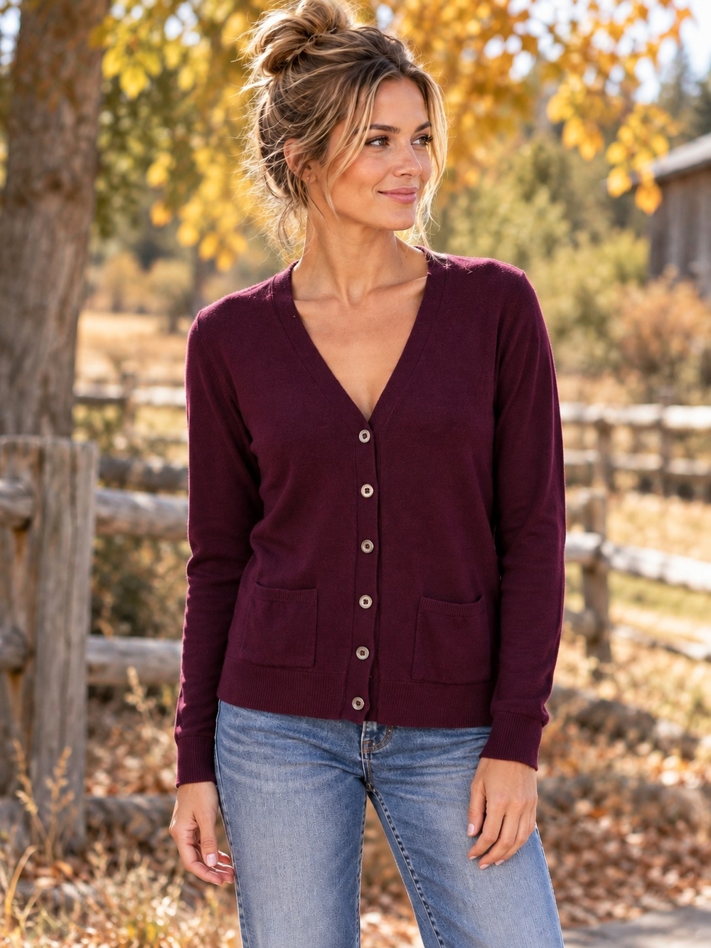 CAbi Burgundy Cotton V Neck Button Front Cardigan Sweater Medium